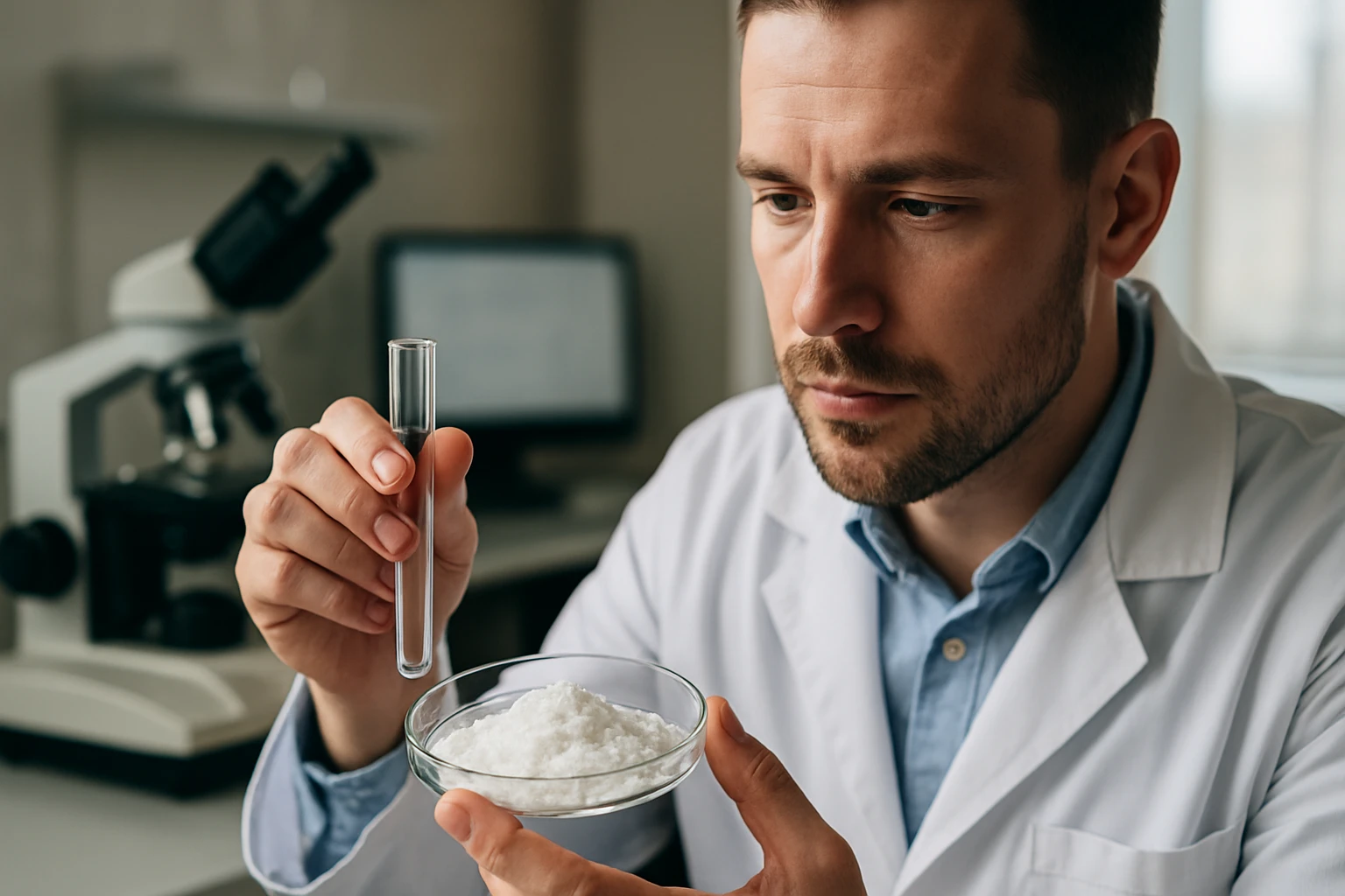 Kémikus vízmentes borkősavat vizsgál a laboratóriumban.