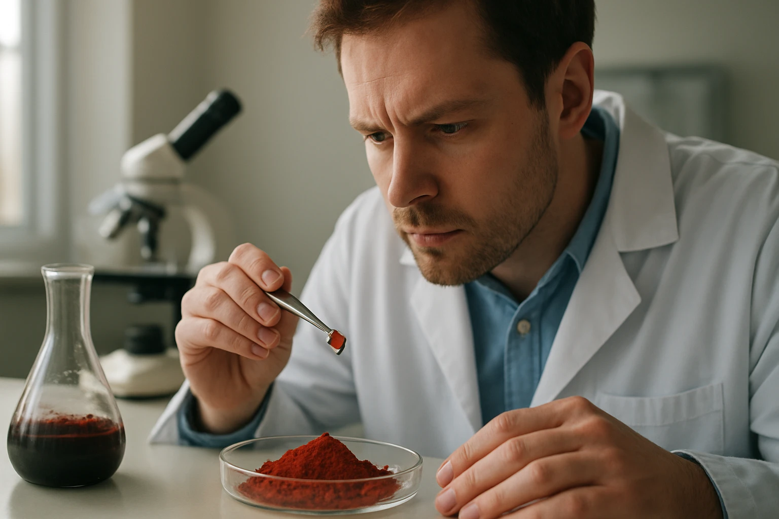 Kémikus vörös foszfort elemez laboratóriumi környezetben.