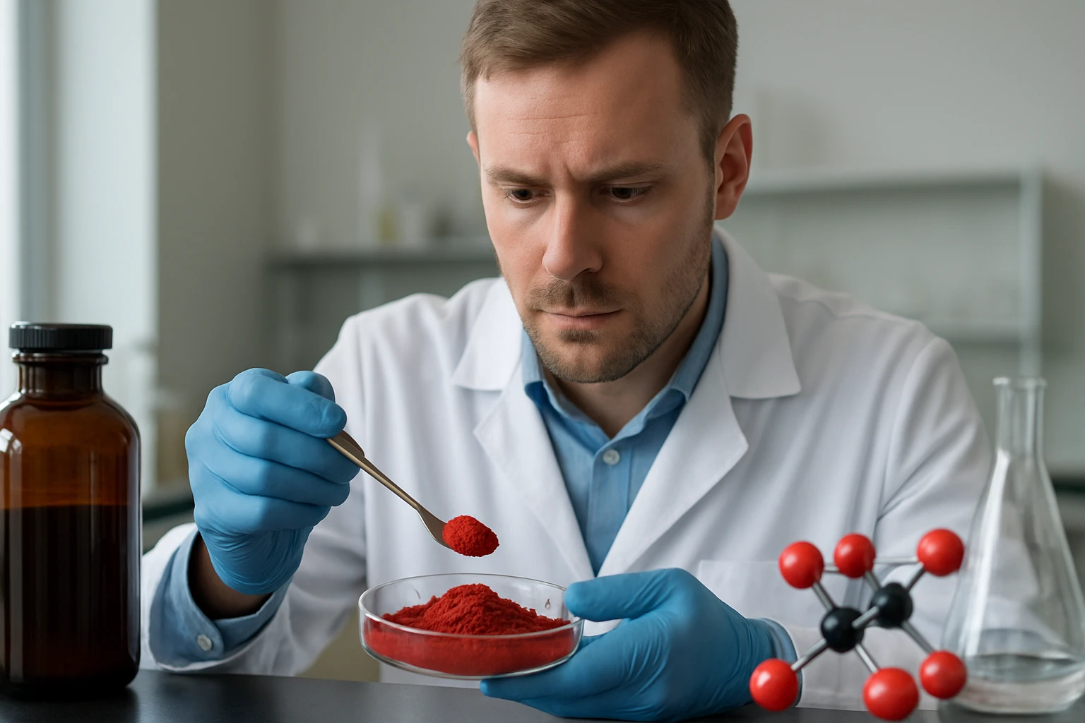 Kémikus vörös ólom-oxidot vizsgál egy laboratóriumban