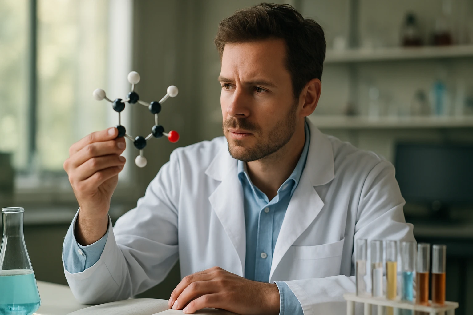 Kémikus egy molekula modelljét vizsgálja laboratóriumban.