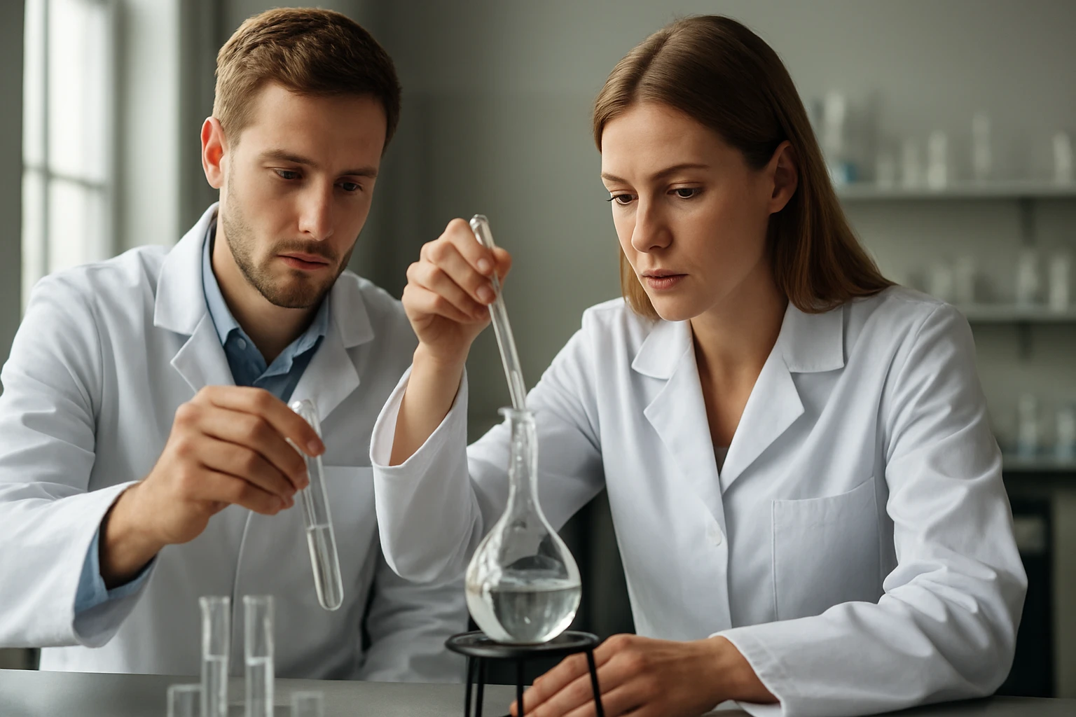 Két kémikus laboratóriumban kísérletezik a Würtz-reakcióval.