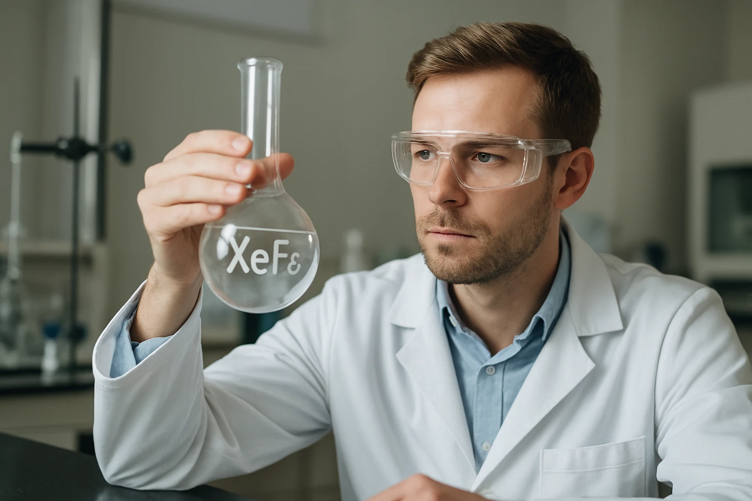 Kémikus a xenon-hexafluorid (XeF6) vizsgálatakor laboratóriumban.