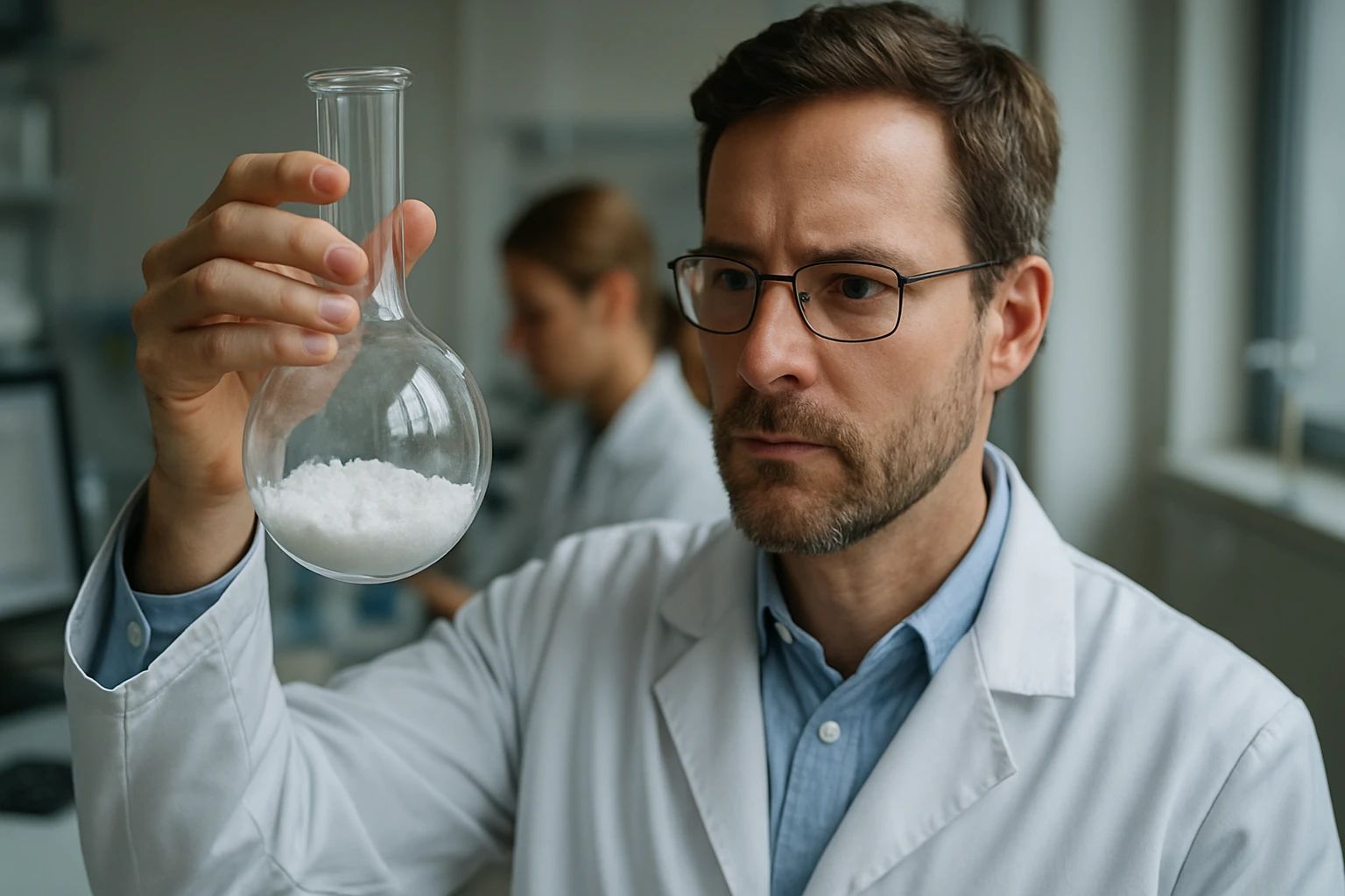 Xenon-tetrafluorid: Képlet, Tulajdonságok és Alkalmazási Lehetőségek Kémikus a xenon-tetrafluorid kristályos vegyületet vizsgálja laboratóriumban.