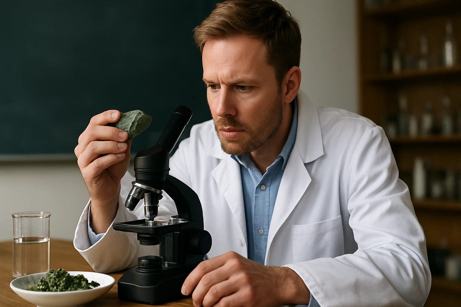 Kutató zabuyelit ásványt vizsgál a mikroszkóp alatt.