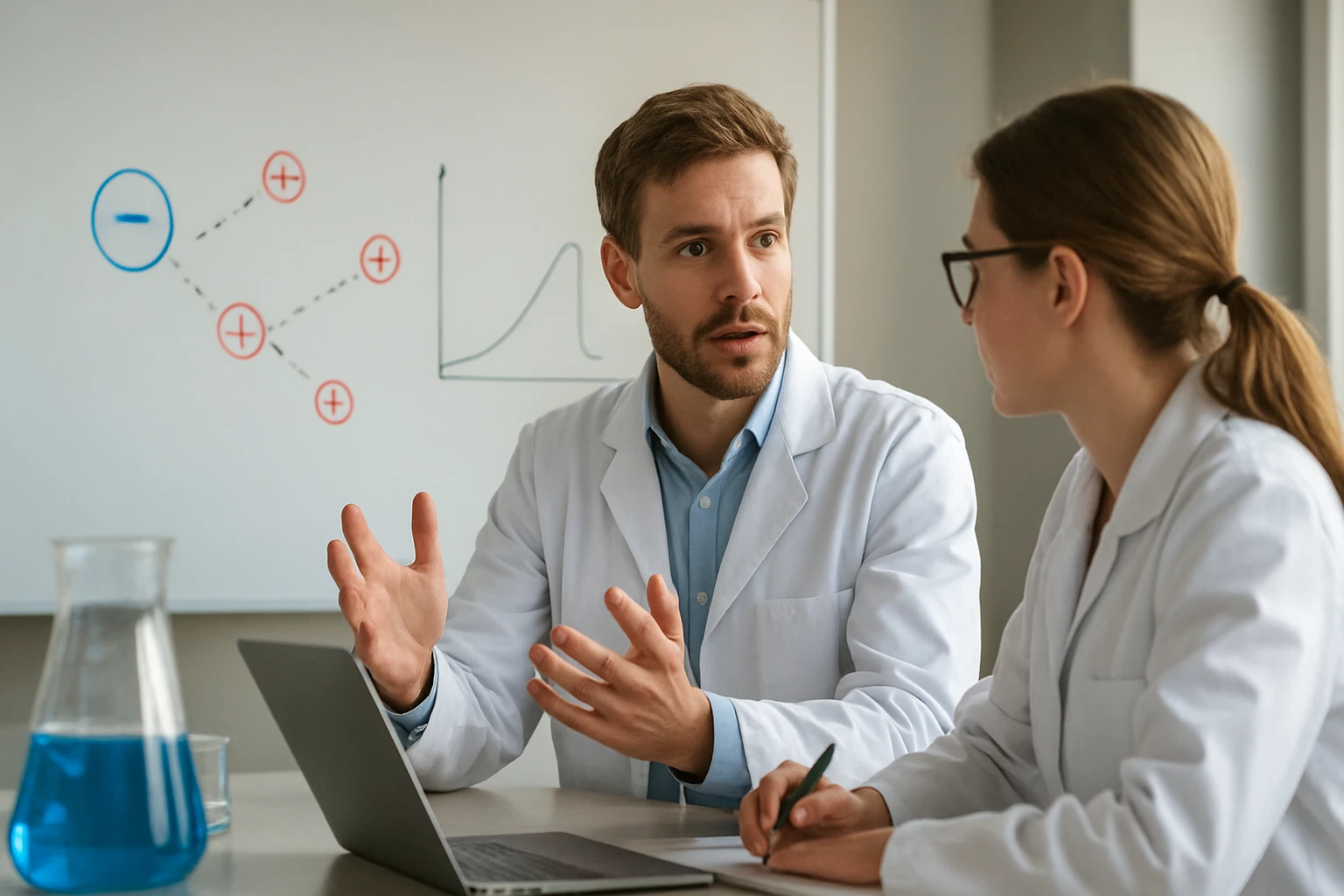 Két tudós diskurál a zéta-potenciál jelenségéről laboratóriumi környezetben.
