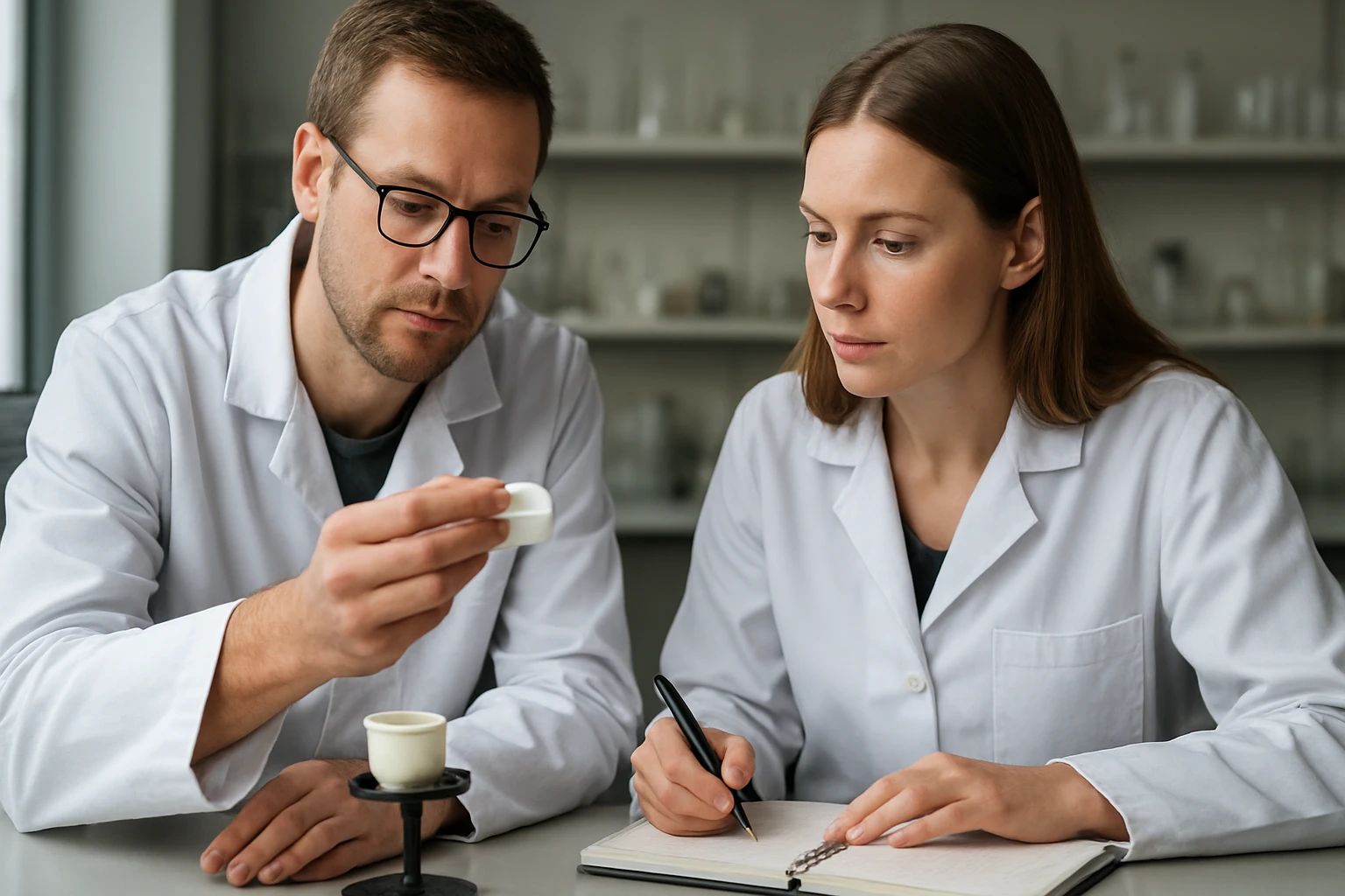 Két kutató mikroszkópos zománcot vizsgál laboratóriumban