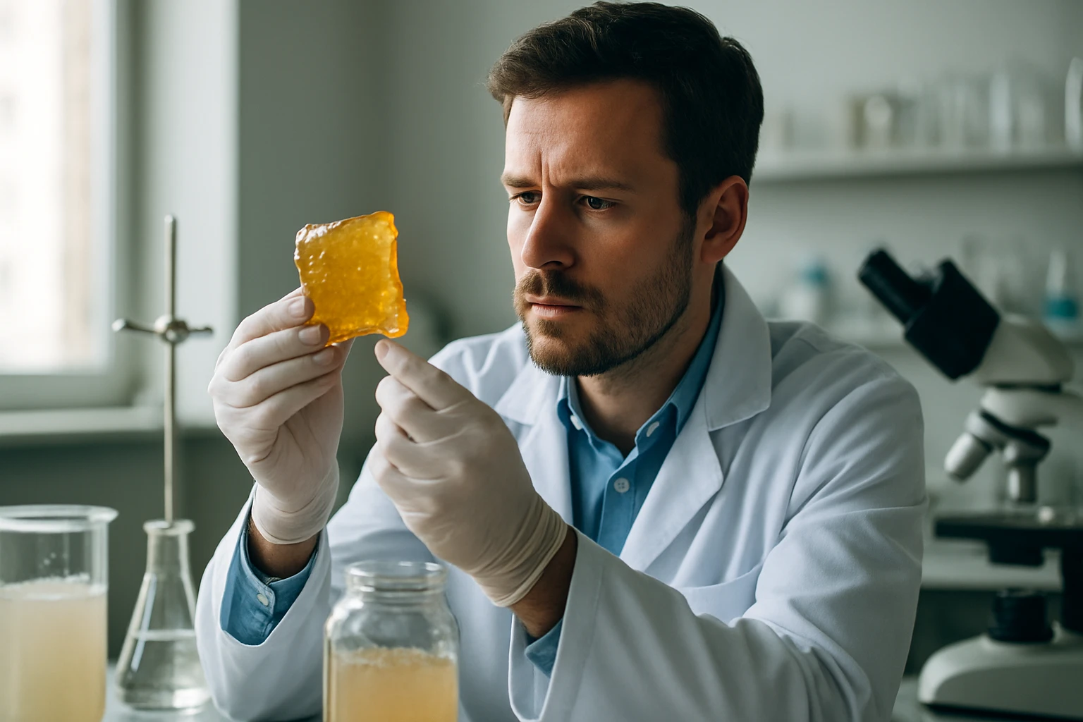 Gél állagú zselatint vizsgáló vegyész laboratóriumban