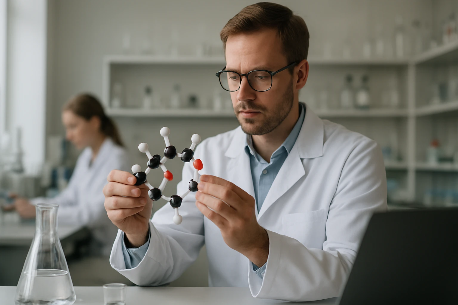 Kémikus zsíralkohol molekula modellel laboratóriumban