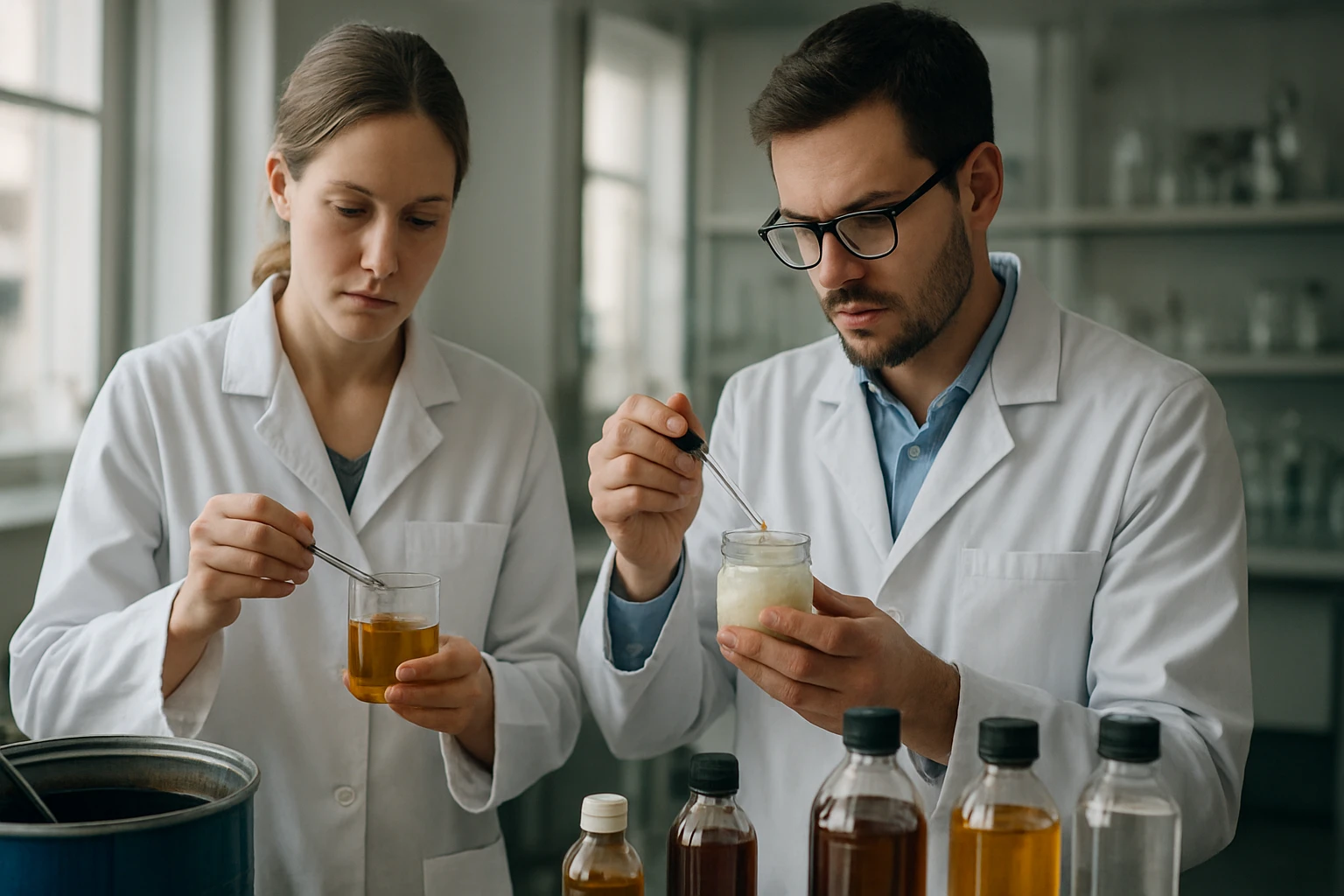 Két kutató laboratóriumban zsírokat és kenőanyagokat vizsgál.